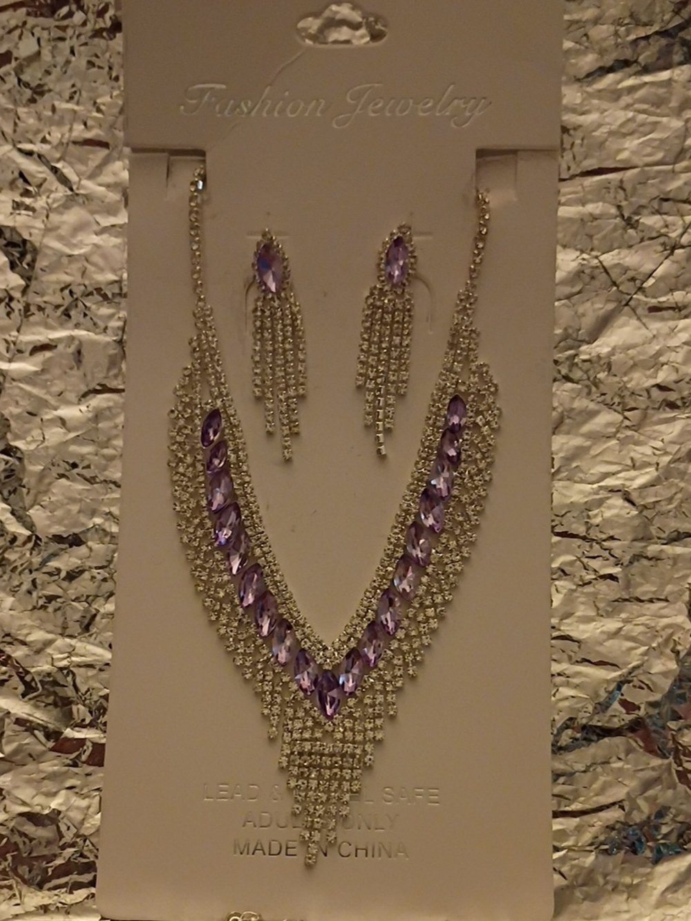 Fashion Jewelry Silver-Tone Necklace and Fringe Earrings with Purple Crystals